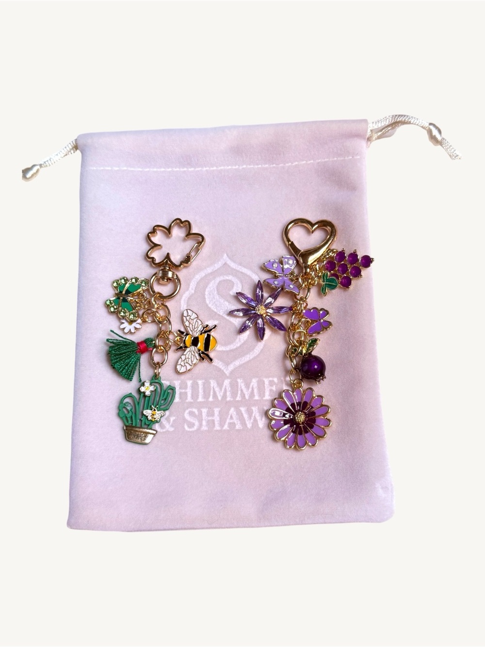 Enamel and Gold Charm Keychain Bag Charm Floral Bee Butterfly Purse Charm - Picture 14 of 16